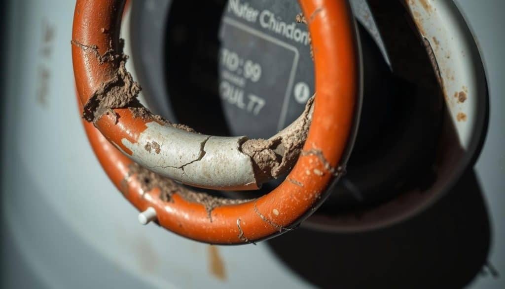 A close-up view of an electric water heater's heating element, showcasing clear signs of deterioration and failure. The element appears discolored, with visible cracks, corrosion, and mineral buildup. The lighting is harsh and directional, casting dramatic shadows that accentuate the textural details. The background is blurred, placing the focus squarely on the damaged heating component. The overall mood conveys a sense of disrepair and the need for replacement, hinting at the potential consequences of ignoring this critical issue.