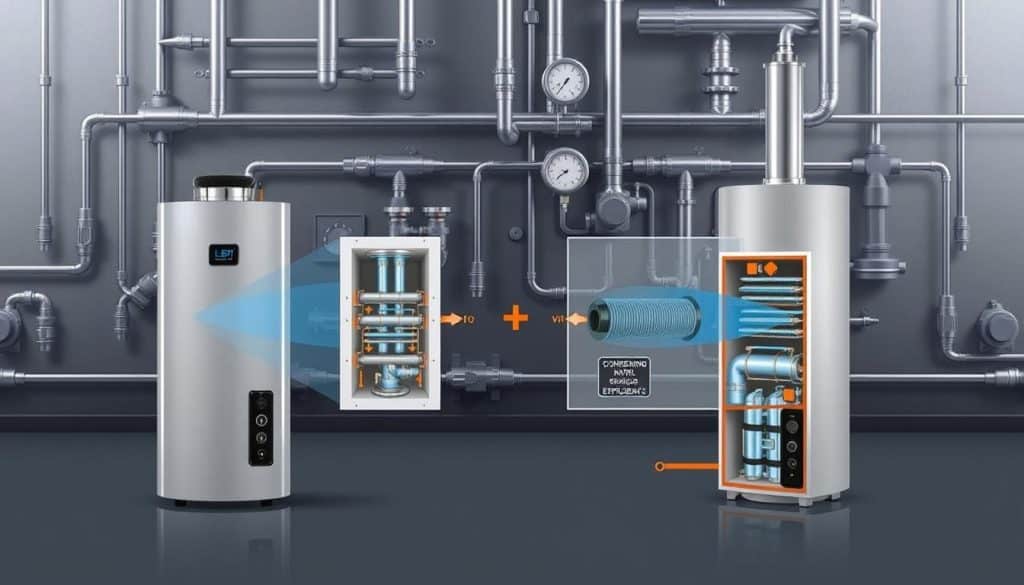A detailed technical illustration showcasing the key differences between condensing and non-condensing tankless water heaters. In the foreground, two water heater units stand side-by-side, one with a visible exhaust vent for the condensing model, the other with a simple flue for the non-condensing variant. The middle ground depicts cross-sectional views of the internal components, highlighting the heat exchanger design and efficiency differences. The background features a muted industrial setting with steel piping, valves, and gauges to reinforce the industrial, engineering-focused atmosphere. Subtle blue and gray tones convey a sense of technical precision, while balanced lighting from various angles accentuates the intricate details of the equipment.