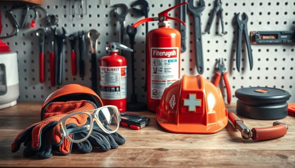 A well-lit, high-angle view of a workbench displaying the essential safety precautions to consider during the removal of an old water heater. In the foreground, a pair of protective gloves, safety goggles, and a hard hat are neatly arranged. In the middle ground, a fire extinguisher and a first-aid kit stand ready. The background features a pegboard with various tools, including a wrench, pliers, and a utility knife, all meticulously organized. The overall scene conveys a sense of preparedness, attention to detail, and a commitment to safe practices in the home improvement process.