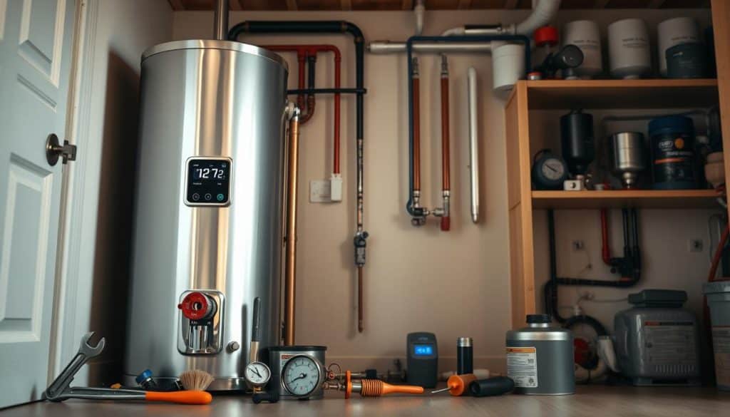 A well-lit, realistic scene depicting the interior of a residential home's utility room. In the foreground, a modern, energy-efficient water heater stands prominently, its sleek stainless steel casing gleaming under soft, diffused lighting. Surrounding the heater, various maintenance tools and supplies are neatly organized, including a wrench, a pressure gauge, and a cleaning brush. In the middle ground, a digital thermostat displays the current temperature setting, highlighting the system's precise temperature control. The background shows shelves stocked with related plumbing components, conveying a sense of order and proactive upkeep. The overall atmosphere is one of calm, efficiency, and financial prudence, aligning with the theme of "Energy Efficiency and Savings."